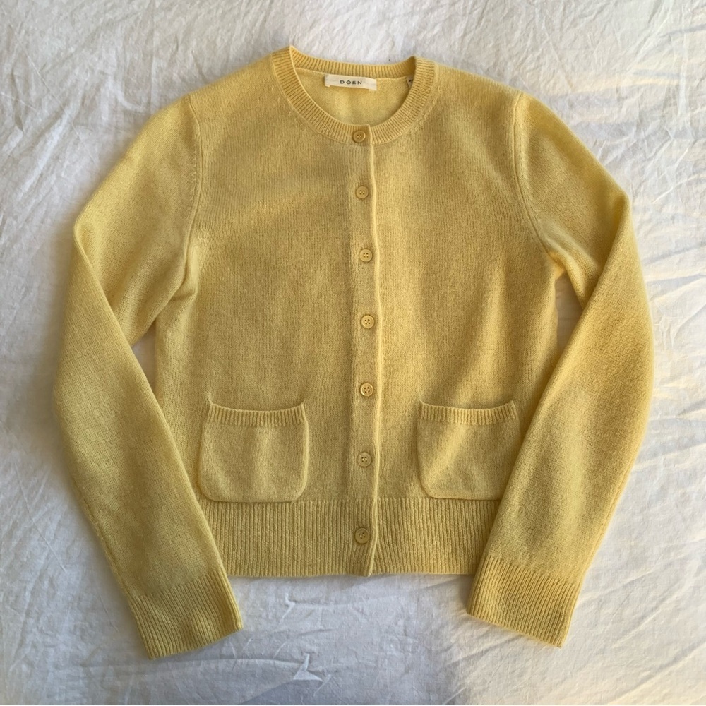 Doen Freya Cashmere Crewneck Pocket Button Knit Sweater Top Lemon Chiffon Yellow